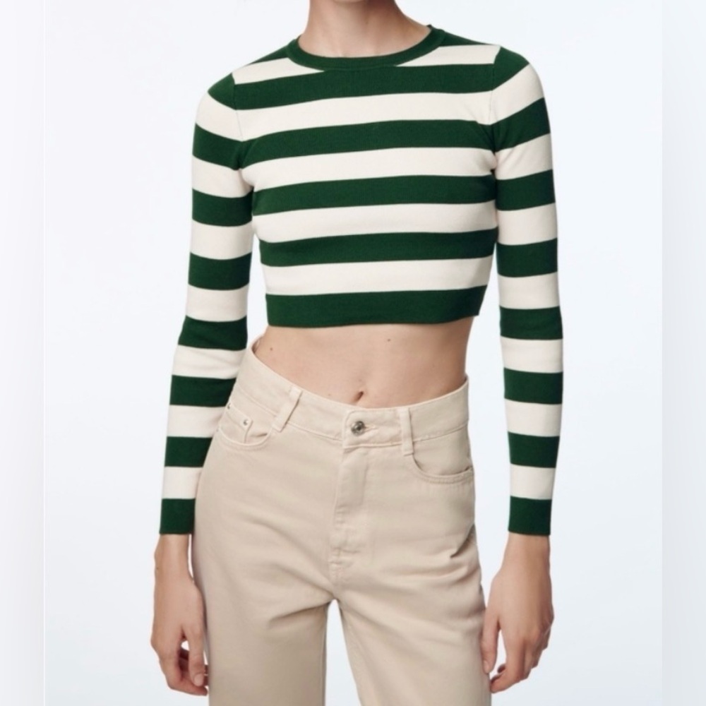 Zara green striped cropped sweater, small